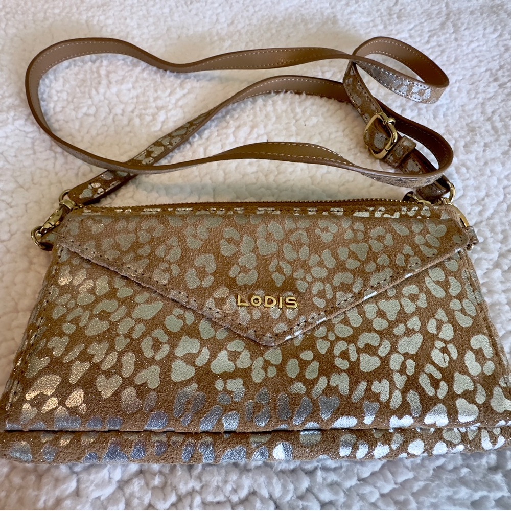 Lodis Tan and Silver Cheetah Patterned Crossbody/Wallet Bag